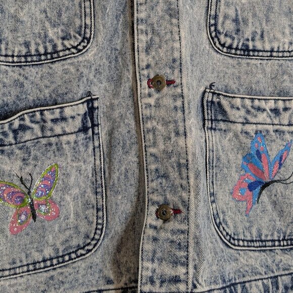 MICHAEL SLOANE Acid Wash Blue Button Jean Jacket w Painted Flowers; Size S - L - Picture 3 of 5